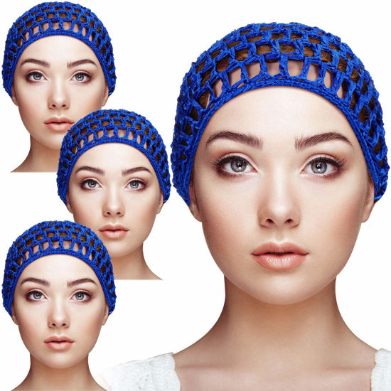 Picture of Geyoga 4 Pieces Mesh Crochet Hair Net Rayon Knit Snood Hat Thick Short Women Hairnet Snoods Cover Ornament for Sleeping (Blue)