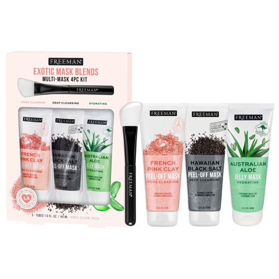 Picture of Freeman Exotic Blends Facial Mask 4 Piece Set, Peel-Off & Jelly Masks, Cleansing, Pore-Clearing & Hydrating Facial Masks, For All Skin Types, Includes Silicone Mask Brush, Vegan & Cruelty-Free