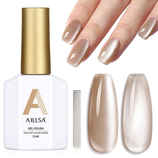 Picture of AILLSA Cat Eye Gel Nail Polish Champagne Gold Crystal Gel Polish with Magnet, Jelly Glitter Glass Gel Nail Polish Reflective Sparkle Translucent Shimmer Color U V Gel Salon DIY at Home 0.5 OZ GF29
