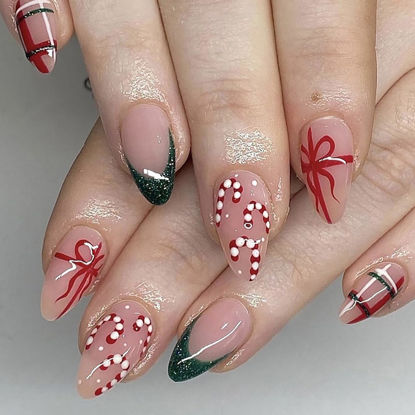 Picture of Christmas Press on Nails Short Almond MABKJLF Green French Tip Fake Nails Winter False Nails with Designs Cane Candy Bow Full Cover Glossy Glue on Nails Xmas Acrylic Nails for Women Girls 24 Pcs
