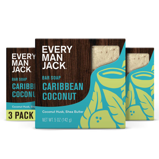 Picture of Every Man Jack Cold Processed Mens Bar Soap - Tropical Caribbean Coconut Scent - Deeply Cleans & Hydrates w/Naturally Derived Ingredients - (3 Pack)