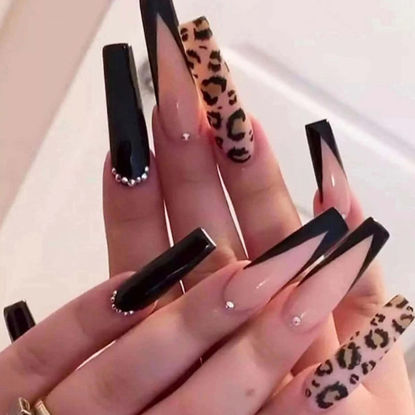 Picture of DANMANR Long Press on Nails Square French Fake Nails Full Cover Nude Acrylic False Nails for Women and Girls 24PCS (Black Coffin French)