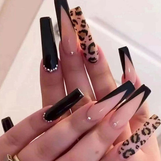 Picture of DANMANR Long Press on Nails Square French Fake Nails Full Cover Nude Acrylic False Nails for Women and Girls 24PCS (Black Coffin French)