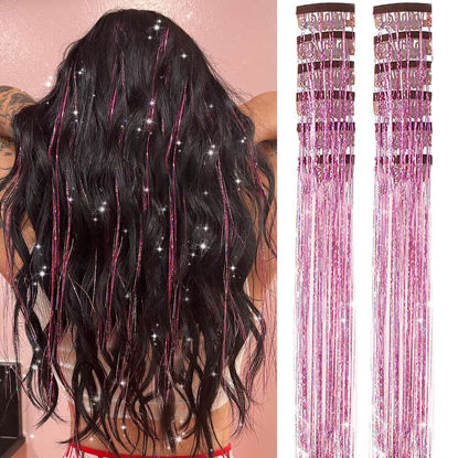 Picture of Hair Tinsel Pack of 12 Pcs Clip in Hair Tinsel 20 Inch Glitter Pink Tinsel Hair Extensions, Festival Tinsel Fairy Hair Extension Party Dazzle Hair Accessories Strands Kit(12Pcs,Pink#)