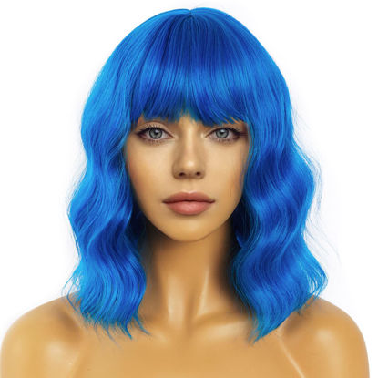 Picture of LANCAINI Short Bob Wavy Wig with Bangs for Women Loose Curly Shoulder Length Synthetic Cosplay Wig Bob for Girl Colorful Costume Wigs (Blue)