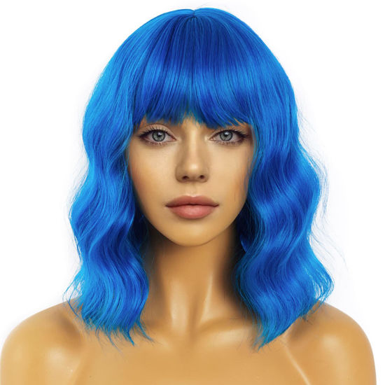 Picture of LANCAINI Short Bob Wavy Wig with Bangs for Women Loose Curly Shoulder Length Synthetic Cosplay Wig Bob for Girl Colorful Costume Wigs (Blue)