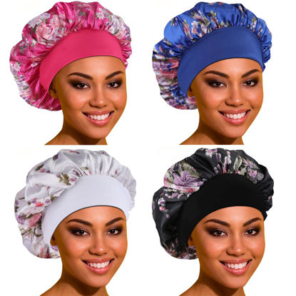 Picture of Satin Bonnet Hair Bonnet for Sleeping- 4 Pack Large Silk Bonnets for Black Women with Elastic Soft Band for Hair Care