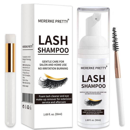 Picture of Eyelash Extension Shampoo 50 ml + Brush - Eyelid Foaming Cleanser - Sensitive Paraben & Sulfate Free - Eyelash Wash and Lash Bath for Extensions - Salon Use and Home Care