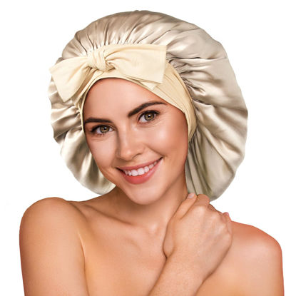 Picture of YFONG 100% 22 Momme Mulberry Silk Bonnet for Sleeping Women - Larger Double Layer Silk Hair Wrap - Non-Slip Silk Turban - Hair Silk Bonnet for Sleeping Women - Silk Cap for Sleeping, Champagne