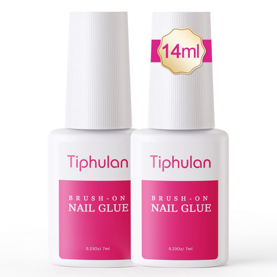 Picture of TIPHULAN 14ml Brush On Nail Glue for Press On, Acrylic Nails - Super Strong, Durable & Long-Lasting, Mess Free, Travel Friendly, 0.46 oz(2PCS)