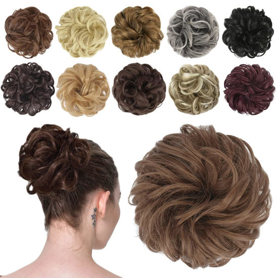 Picture of FESHFEN Messy Hair Bun Hair Pieces Elastic Wavy Curly Hair Bun Scrunchies Extensions Synthetic Chignon Hairpieces for Women Girls, Light Golden Brown 1 PCS