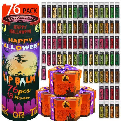 Picture of Yopela 76 Pack Halloween Natural Lip Balm Bulk with Vitamin E and Coconut Oil Lip Care Set - Moisturizing, Soothing, and Repairing Dry and Chapped Lips - 18 Flavors - Non-GMO