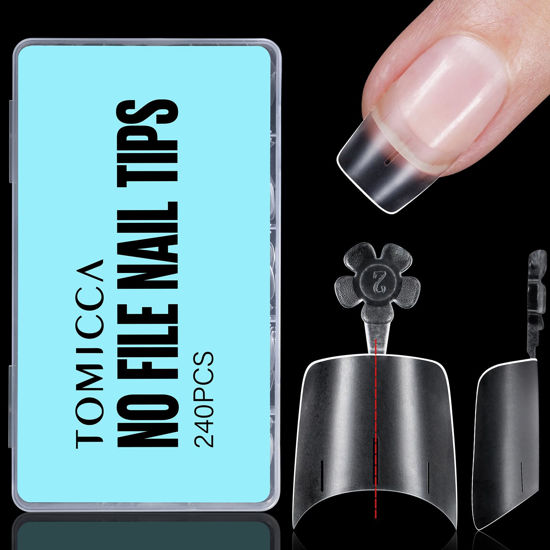 Picture of TOMICCA Short Squoval Nail Tips, 240Pcs Acrylic Full Matte Half Cover Nail Tips with Positioning Line, 12 Sizes No C Curve Clear Soft Gel Nail Tips, Nail Extension Tips for Beginner and Professional