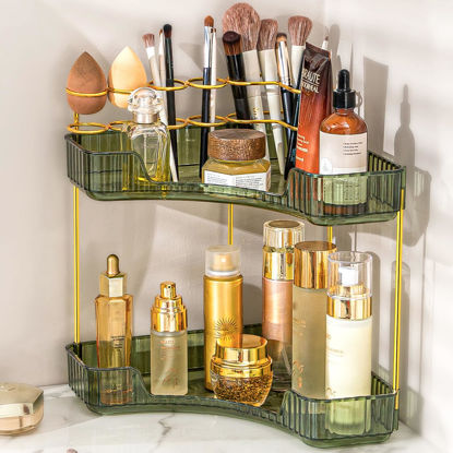 Picture of NATURE'S SOURCE Makeup Organizer for Vanity, 2-Tier Corner Bathroom Organizer Countertop with Makeup Brush Holder, Corner Counter Storage for Bathroom Dresser- Green