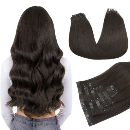Picture of DOORES Clip in Hair Extensions, Dark Brown 14 Inch 110g 7pcs, Hair Extensions Real Human Hair Seamless Clip in Hair Extensions with PU Weft Invisi Edge Hair Extensions Natural Straight Hair Remy Hair