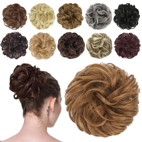 Picture of FESHFEN Messy Hair Bun Hair Pieces Elastic Wavy Curly Hair Bun Scrunchies Extensions Synthetic Chignon Hairpieces for Women Girls, Strawberry Blonde 1 PCS