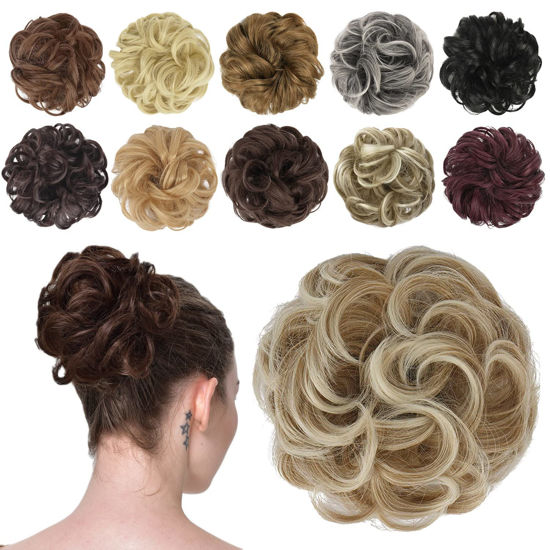 Picture of FESHFEN Messy Hair Bun Hair Pieces Elastic Wavy Curly Hair Bun Scrunchies Extensions Synthetic Chignon Hairpieces for Women Girls, Strawberry Blonde & Platinum Blonde Tips 1 PCS