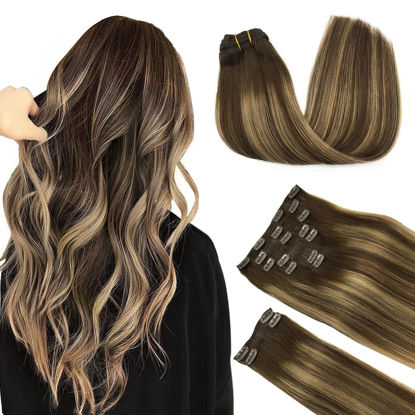 Picture of DOORES Hair Extensions Clip in Human Hair, Balayage Chocolate Brown to Caramel Blonde 150g 9pcs 16 Inch, Remy Human Hair Extensions Clip in Hair Extensions Real Human Hair Straight Thick Extensions