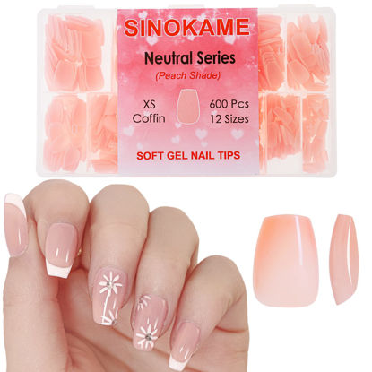 Picture of SINOKAME Neutral XS Coffin Soft Gel Tips, Extra Short Gel Press on Nails Nude Base Pre-colored for a Quick and- Easy Application, Sheer gel nail Tips Can Be Cured and Soaked off for Gel Nail Extension 12 Sizes 600pcs