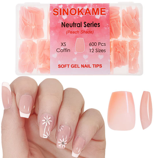 Picture of SINOKAME Neutral XS Coffin Soft Gel Tips, Extra Short Gel Press on Nails Nude Base Pre-colored for a Quick and- Easy Application, Sheer gel nail Tips Can Be Cured and Soaked off for Gel Nail Extension 12 Sizes 600pcs