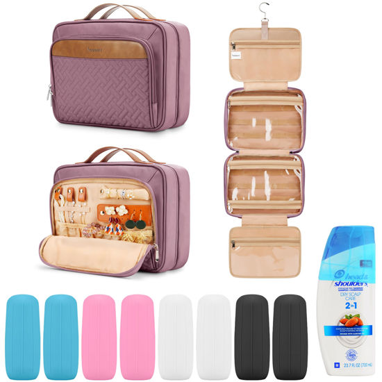 Picture of Travel Hanging Toiletry Bag for Women and Men, with 8 Leak Proofing Silicone Bottle Covers, Waterproof Makeup Accessories, Cosmetic Essentials, Toiletries Dopp Kit Set with Jewelry Organizer, Purple