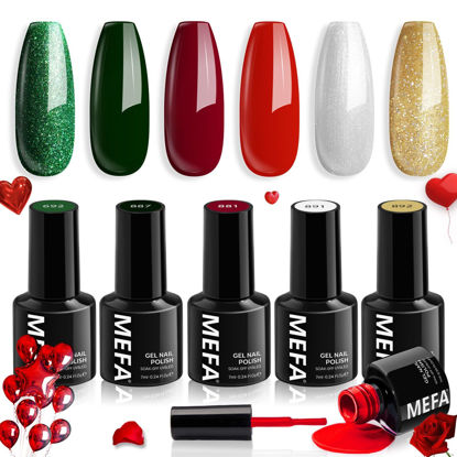 Picture of MEFA Christmas Gel Nail Polish Set Limited Edition, 6 Colors Burgundy Red Dark Green Glitter Gel Polish Winter Silver Gold Sparkle Nail Polish Manicure Soak Off Salon Christmas Gifts for Women Girl