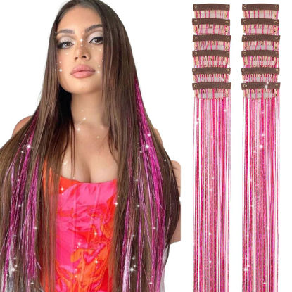 Picture of Hair Tinsel Pack of 12 Pcs Clip in Hair Tinsel 20 Inch Glitter Rose Red Tinsel Hair Extensions, Festival Tinsel Fairy Hair Extension Party Dazzle Hair Accessories Strands Kit (12Pcs,Rose Red#)