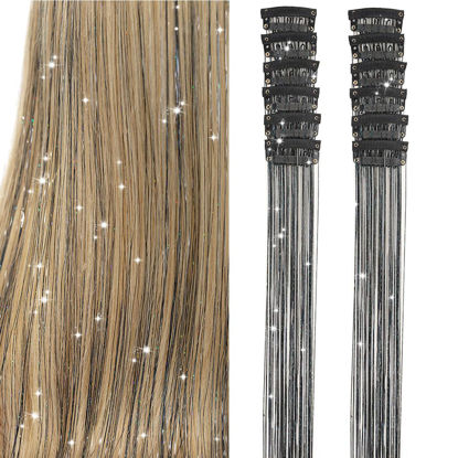 Picture of Clip in Hair Tinsel, Pack of 12 Pcs 20 Inch,Glitter Tinsel Hair Extensions, Festival Tinsel Fairy Hair Extension Party Dazzle Hair Accessories Strands Kit for Women Girls Kids(12Pcs,Black#)