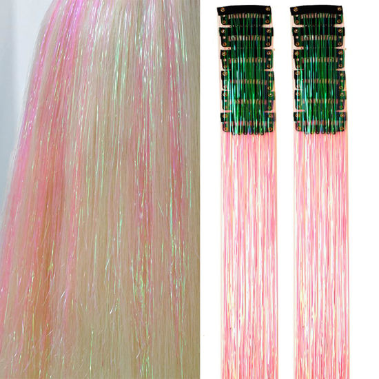 Picture of Hair Tinsel Pack of 12 Pcs Clip in Hair Tinsel 20 Inch Colorful Glitter Tinsel Hair Extensions Tinsel Fairy Hair Party Dazzle Hair Accessories Strands Kit for Women Girls Kids(12Pcs,Light Pink#)
