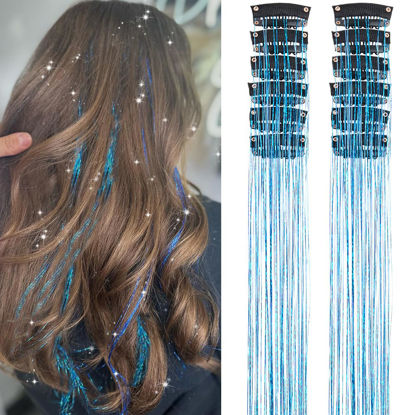 Picture of Sky Blue Fairy Hair Tinsel Kit Pack of 12 Pcs Clip in Hair Tinsel Kit 20 Inch Glitter Sky Blue Tinsel Hair Extensions Festival Gift Tinsel Fairy Hair Extension Party Dazzle Hair (12Pcs,Sky Blue#)