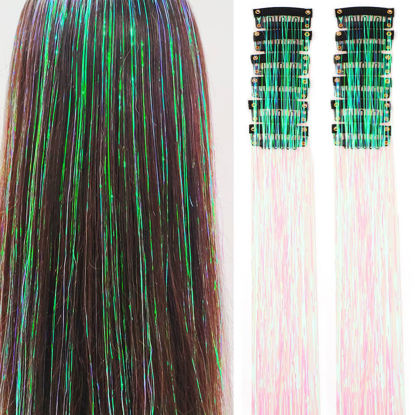 Picture of Hair Tinsel Pack of 12 Pcs Clip in Hair Tinsel 20 Inch Colorful Glitter Tinsel Hair Extensions Tinsel Fairy Hair Party Dazzle Hair Accessories Strands Kit for Women Girls Kids(12Pcs,Dazzle White#)