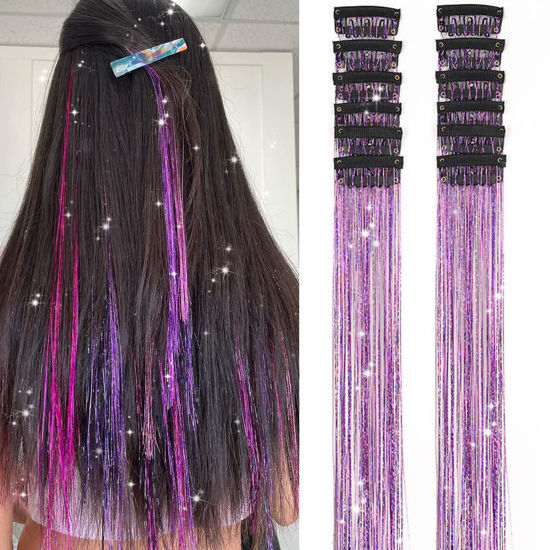 Picture of Hair Tinsel Pack of 12 Pcs Clip in Hair Tinsel 20 Inch Glitter Purple Tinsel Hair Extensions, Festival Tinsel Fairy Hair Extension Party Dazzle Hair Accessories Strands Kit (12Pcs,Purple#)