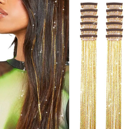 Picture of Hair Tinsel Pack of 12 Pcs Clip in Hair Tinsel 20 Inch Golden Glitter Tinsel Hair Extensions, Festival Tinsel Fairy Hair Extension Party Dazzle Hair Accessories Strands Kit (12Pcs,Golden#)