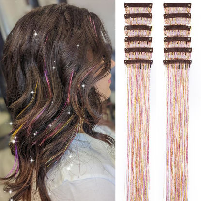 Picture of Hair Tinsel Pack of 12Pcs, Clip in Hair Tinsel Kit 20 Inch Glitter Tinsel Hair Extensions, Festival Tinsel Fairy Hair Extension Party Dazzle Hair Accessories Strands Kit (12Pcs,Gold Pink#)