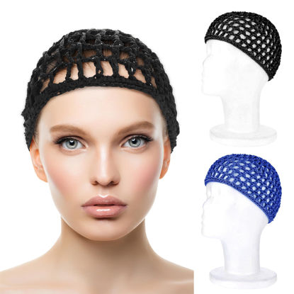 Picture of WLLHYF Net Shower Cap 2 PCS Drying Curly Hair Care Spa Hat Wrap Cover Stretchy Knit Nets Hairnet Mesh Crochet Sleep Back Bathing Sleeping Bonnet(black/blue)