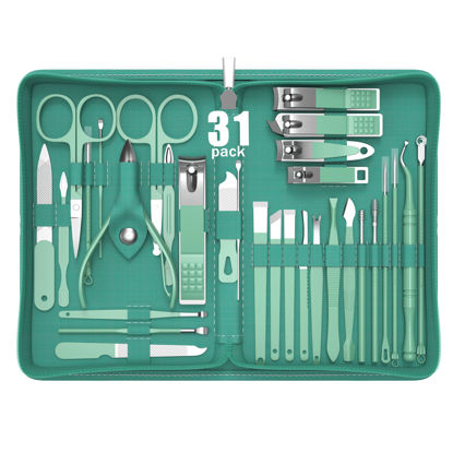 Picture of Tseoa Manicure Set Personal Care, Nail Clipper Kit, Professional Nail Clipper Pedicure Set, Nail Tools with Luxurious Travel Case, Gifts for Men Women Family Friend, 31 Pieces (Green)