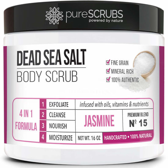 Picture of pureSCRUBS Premium Jasmine Body Scrub Set - Large 16oz Dead Sea Salt Body Scrub With Infused Essential Oils & Nutrients Includes Wooden Spoon, Loofah & Oatmeal Exfoliating Bar Soap
