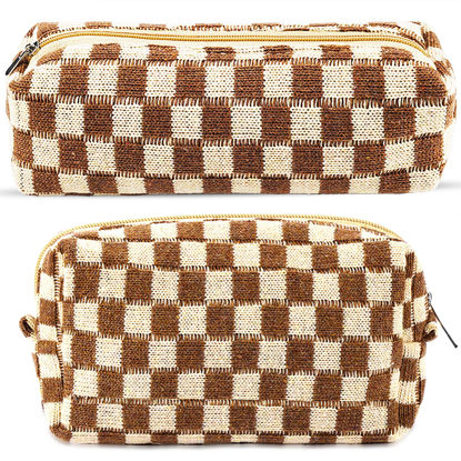 Picture of ZLFSRQ 2Pcs Checkered Makeup Bag for Women Pencil Pouch Travel Small Cosmetic Bag Set Cute Makeup Pouch Purse Pencil Case Pencil Bag Zippered Toiletry Bag Organizer Preppy Trendy Storage Bag(Brown)