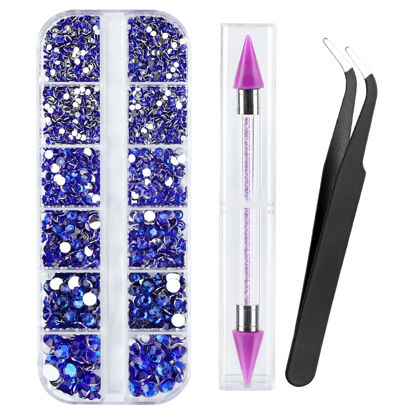 Picture of Canvalite 1500PCS Blue Rhinestones Flat Back Gems, Nail Rhinestones Nail Art Gems with Pick Up Tweezers and Rhinestone Picker Dotting Pen, Nail Art Tools for Nails, Clothes, Face, Craft