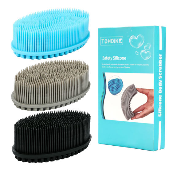 Picture of Silicone Body Scrubber Loofah - Set of 3 Soft Exfoliating Body Bath Shower Scrubber Loofah Brush for Sensitive Kids Women Men All Kinds of Skin(Black/Gray/Blue)
