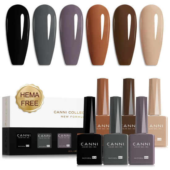 Picture of CANNI Brown Grey Gel Nail Polish, 6 Colors 9ML Brown Skin Black Grey Nude Khaki Gel Nail Polish Set, Soak off UV LED Nail Gel DIY Manicure Winter Nail Salon for Women