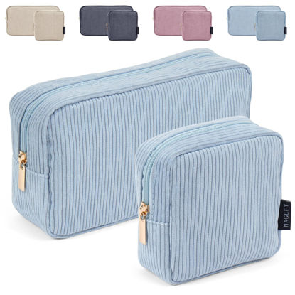 Picture of MAGEFY Makeup Bag for Purse, 2 Pcs Corduroy Cosmetic Bag for Girls Women Small Travel Makeup Pouch with Zipper(Blue)
