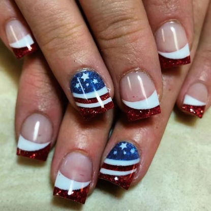 Picture of 4th of July Square Press on Nails Glitter Frencch Tip Fake Nails with Star and Swirle Designs Short Square Red Blue White Glossy False Nails with Bling D esigns Acrylic Stick on Nails for Women 24 Pcs