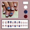 Picture of 4th of July Square Press on Nails Glitter Frencch Tip Fake Nails with Star and Swirle Designs Short Square Red Blue White Glossy False Nails with Bling D esigns Acrylic Stick on Nails for Women 24 Pcs