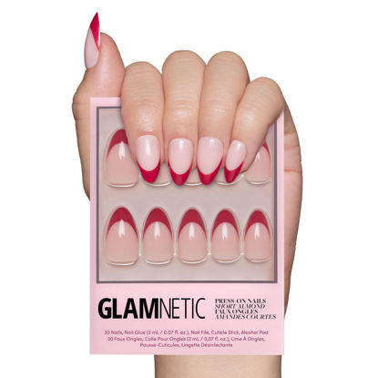 Picture of Glamnetic Press On Nails - Rose Garden | Semi-Transparent Red French Tip Short Almond False Nails, Reusable Stick On Fake Nails with Glue | Salon Quality | 15 Sizes - 30 Nail Kit