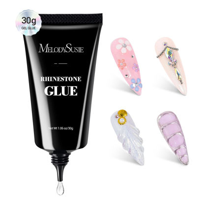 Picture of MelodySusie 4 in 1 Rhinestone Glue for Nails, 30g Super Strong Gel Nail Glue for Nail Charms Nail Gems, 3D Nail Gel UV Nail Glue for Nail Art Design Nail Chrome Powder Decals Decor, Need UV/LED Cured