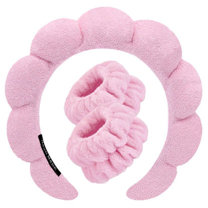 Picture of Spa Headbands for Washing Face or Makeup Wristband Set, Sponge Bubble Skincare Headbands, Puffy Terry Cloth Hairband for Women, Skin Care Makeup Headwear Hair Accessories for Girls(Pink)