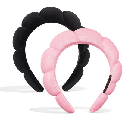 Picture of Ayesha 2pcs Spa Headband for Washing Face, Bubble Sponge Soft Hairband for Women - Skincare and Makeup (Pink&Black)