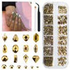 Picture of qiipii 1300Pcs Mine Gold Nail Rhinestones 60 Multi Shapes Flatback metallic golden Rhinestones Gems +1240 Round Beads K9 Glass Nail Stones Diamonds Nail Art Supplies for Nails Faces Eyes Makeup Crafts