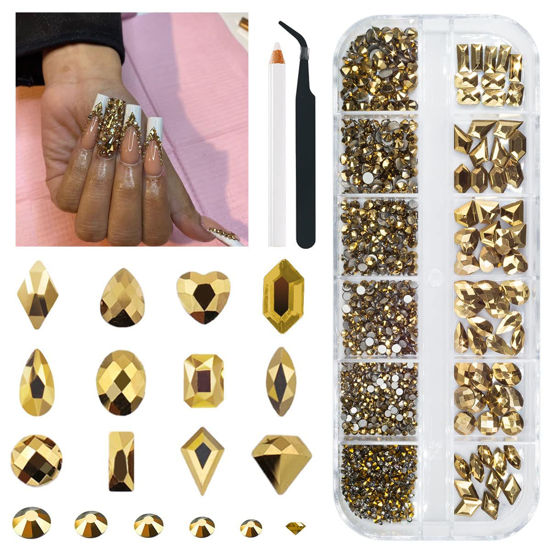 Picture of qiipii 1300Pcs Mine Gold Nail Rhinestones 60 Multi Shapes Flatback metallic golden Rhinestones Gems +1240 Round Beads K9 Glass Nail Stones Diamonds Nail Art Supplies for Nails Faces Eyes Makeup Crafts